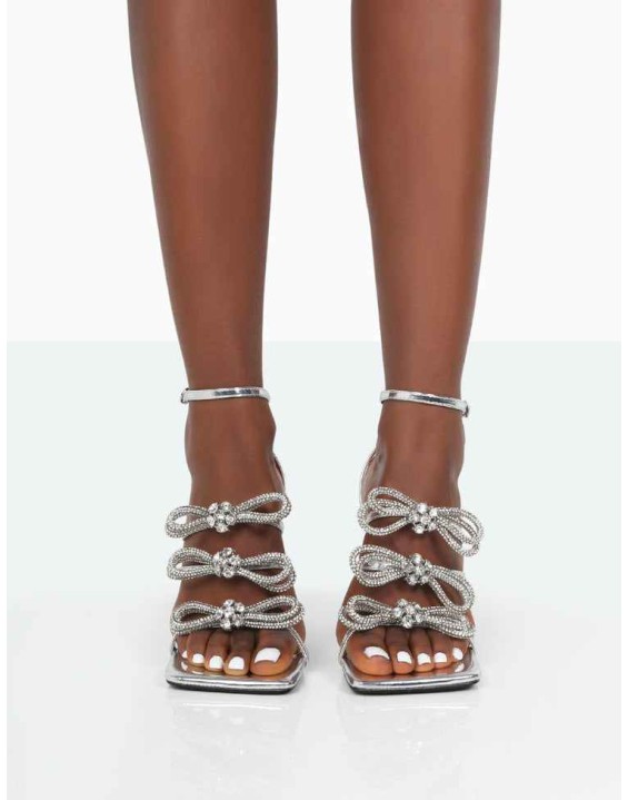 Amelia Silver Mirror Sparkly Diamante Strappy Bow Square Toe Stiletto High Heels