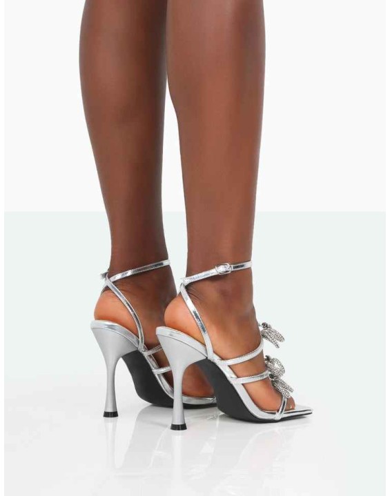 Amelia Silver Mirror Sparkly Diamante Strappy Bow Square Toe Stiletto High Heels