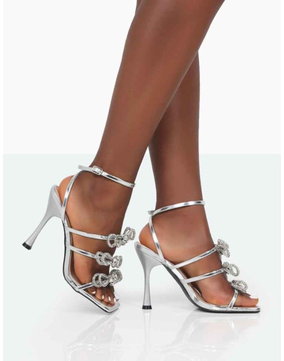 Amelia Silver Mirror Sparkly Diamante Strappy Bow Square Toe Stiletto High Heels