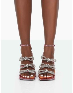 Amelia Pink Mirror Sparkly Diamante Strappy Bow Square Toe Stiletto High Heels