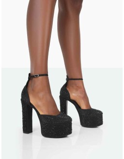 Effie Black Sparkly Diamante Ankle Strap Block Heel Platform Court High Heels