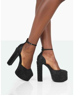 Effie Black Sparkly Diamante Ankle Strap Block Heel Platform Court High Heels