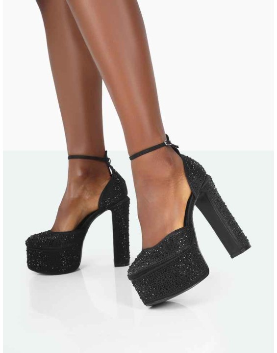Effie Black Sparkly Diamante Ankle Strap Block Heel Platform Court High Heels