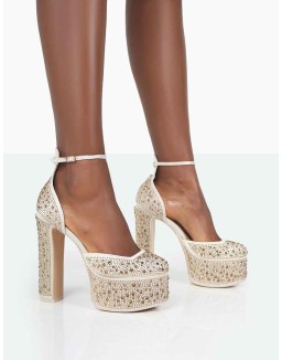 Effie Gold Sparkly Diamante Ankle Strap Block Heel Platform Court High Heels