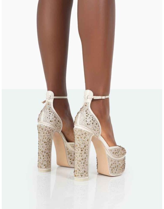 Effie Gold Sparkly Diamante Ankle Strap Block Heel Platform Court High Heels