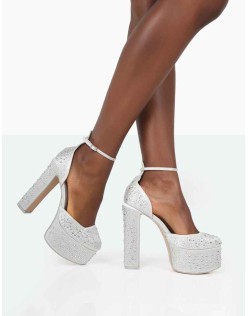 Effie Silver Sparkly Diamante Ankle Strap Block Heel Platform Court High Heels