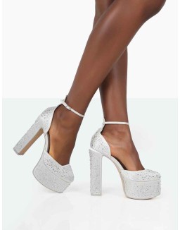 Effie Silver Sparkly Diamante Ankle Strap Block Heel Platform Court High Heels
