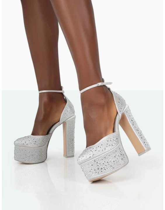 Effie Silver Sparkly Diamante Ankle Strap Block Heel Platform Court High Heels