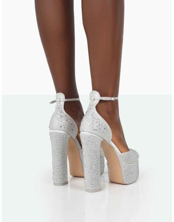 Effie Silver Sparkly Diamante Ankle Strap Block Heel Platform Court High Heels