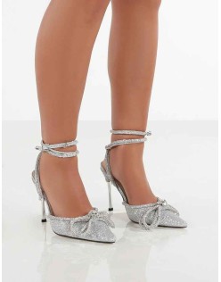 Midnight Silver Glitter Wrap Around Diamante Bow Pointed Toe High Heel