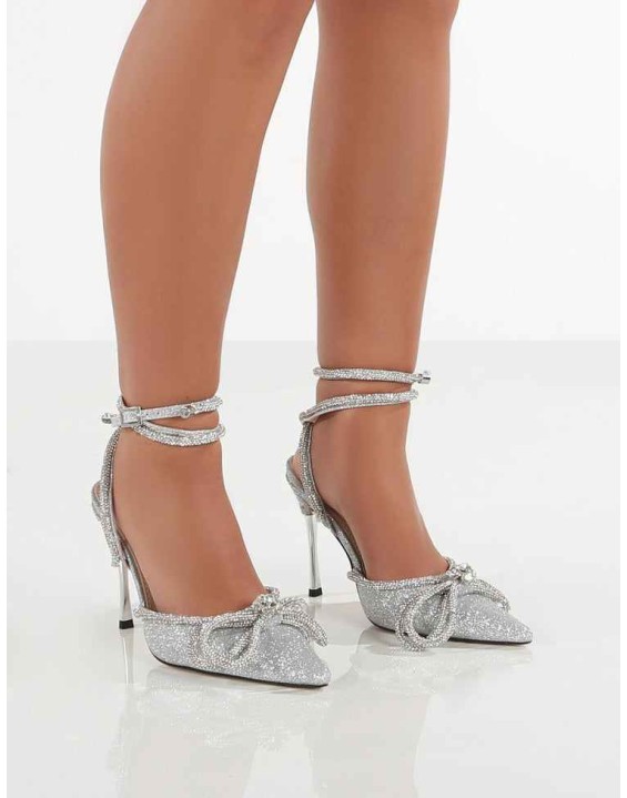 Midnight Silver Glitter Wrap Around Diamante Bow Pointed Toe High Heel