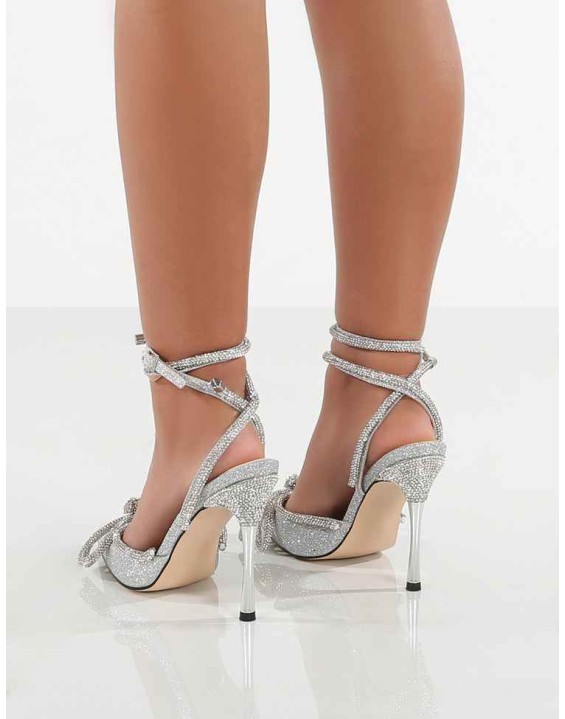 Midnight Silver Glitter Wrap Around Diamante Bow Pointed Toe High Heel