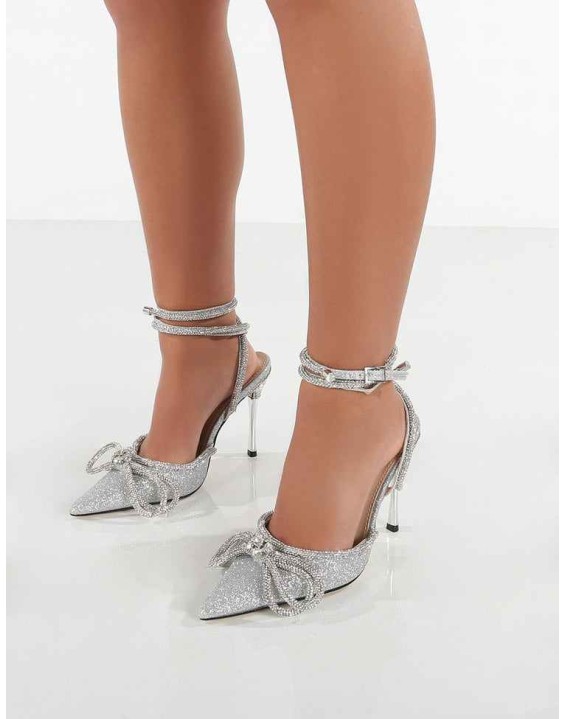Midnight Silver Glitter Wrap Around Diamante Bow Pointed Toe High Heel