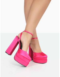 Moonchild Fuchsia Pink Satin Closed Toe Statement Platform Block Heels
