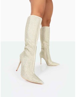 Lexi Gold Diamante Stiletto Knee High Boots