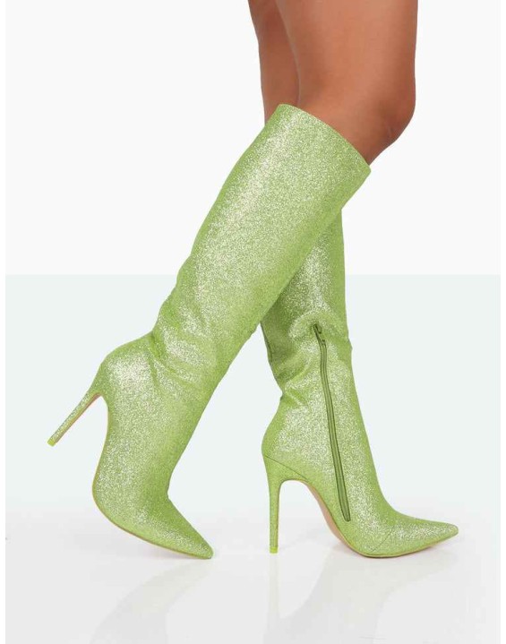 Diva Lime Glitter Pointed Toe Stiletto Knee High Boots