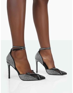 Glitch Black Sparkly Diamante Mesh Pointed Toe Court Stiletto High Heel