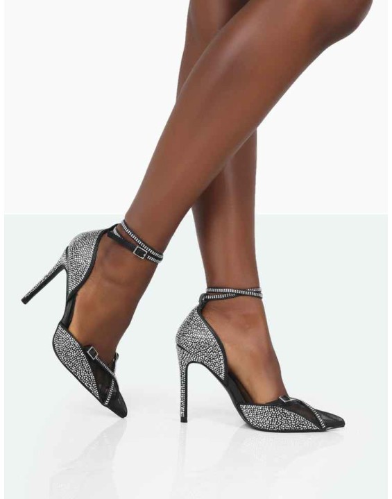 Glitch Black Sparkly Diamante Mesh Pointed Toe Court Stiletto High Heel