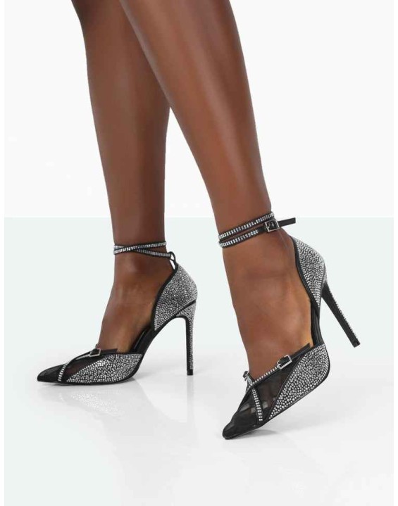 Glitch Black Sparkly Diamante Mesh Pointed Toe Court Stiletto High Heel