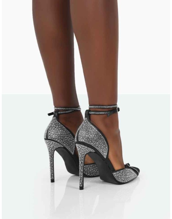 Glitch Black Sparkly Diamante Mesh Pointed Toe Court Stiletto High Heel