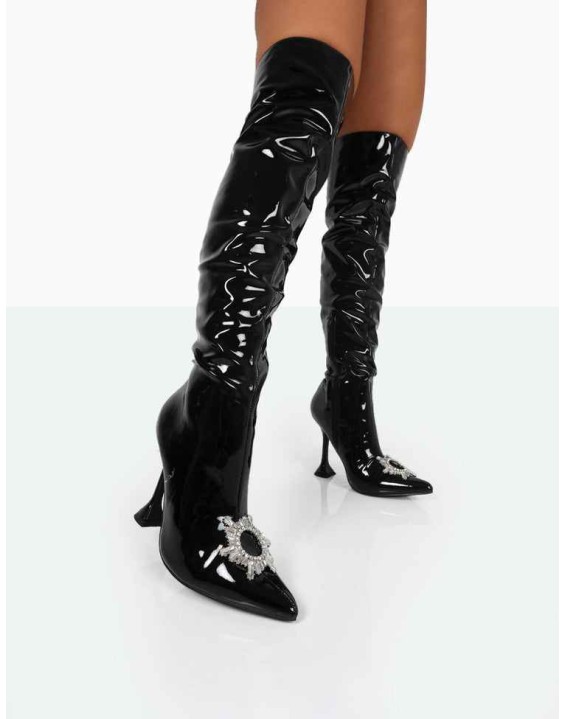 Sonny Black Patent Sparkly Diamante Stud Pointed Toe Stiletto Heel Over the Knee Boots