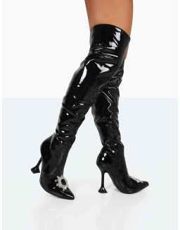 Sonny Black Patent Sparkly Diamante Stud Pointed Toe Stiletto Heel Over the Knee Boots