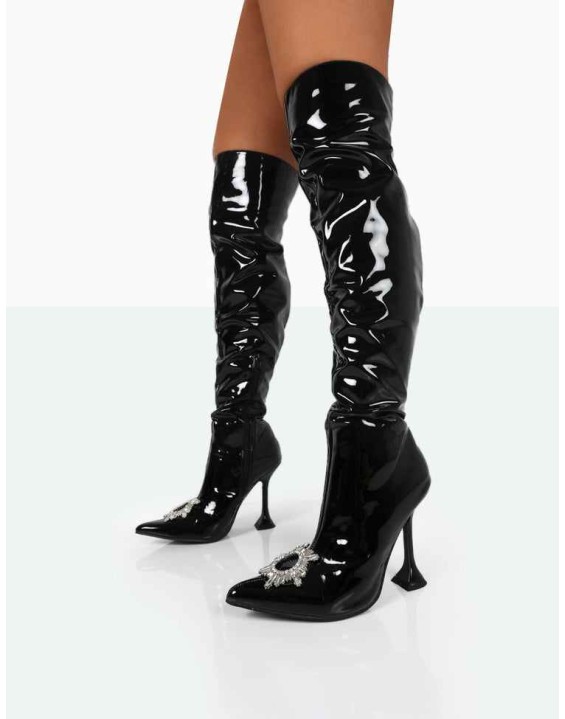 Sonny Black Patent Sparkly Diamante Stud Pointed Toe Stiletto Heel Over the Knee Boots