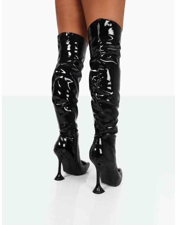 Sonny Black Patent Sparkly Diamante Stud Pointed Toe Stiletto Heel Over the Knee Boots