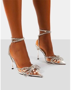 Midnight Clear Perspex Wide Fit Wrap Around Sparkly Diamante Bow Pointed Toe High Heel