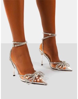Midnight Clear Perspex Wide Fit Wrap Around Sparkly Diamante Bow Pointed Toe High Heel