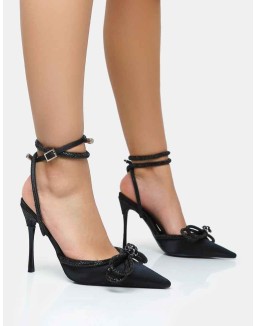 Midnight Black Satin Wrap Around Black Diamante Bow Pointed Toe High Heels