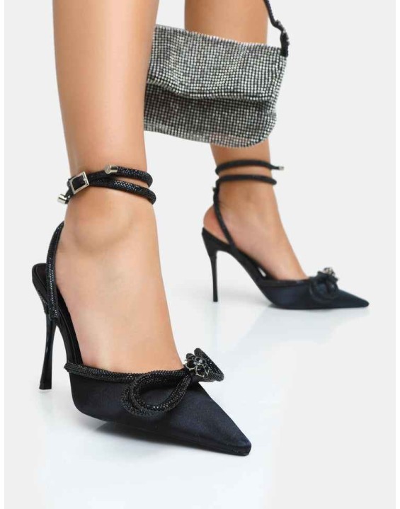 Midnight Black Satin Wrap Around Black Diamante Bow Pointed Toe High Heels