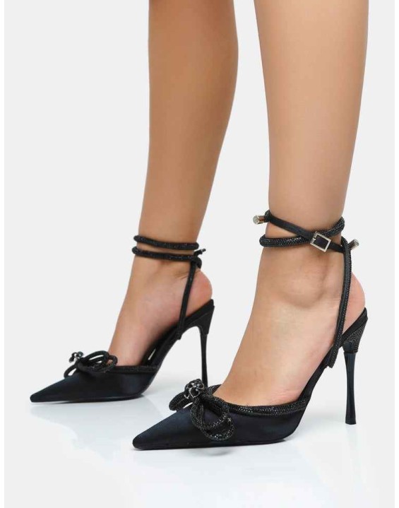 Midnight Black Satin Wrap Around Black Diamante Bow Pointed Toe High Heels
