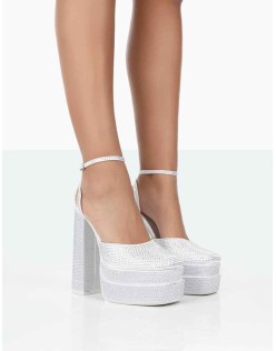 Moonchild White Diamanté Satin Closed Toe Statement Platform Block Heels