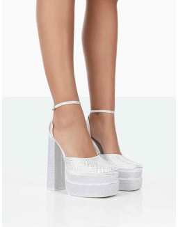 Moonchild White Diamanté Satin Closed Toe Statement Platform Block Heels