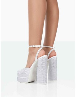 Moonchild White Diamanté Satin Closed Toe Statement Platform Block Heels