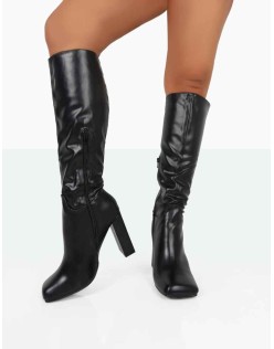 Gia Black Box PU Square Toe Block Heel Knee High Boots