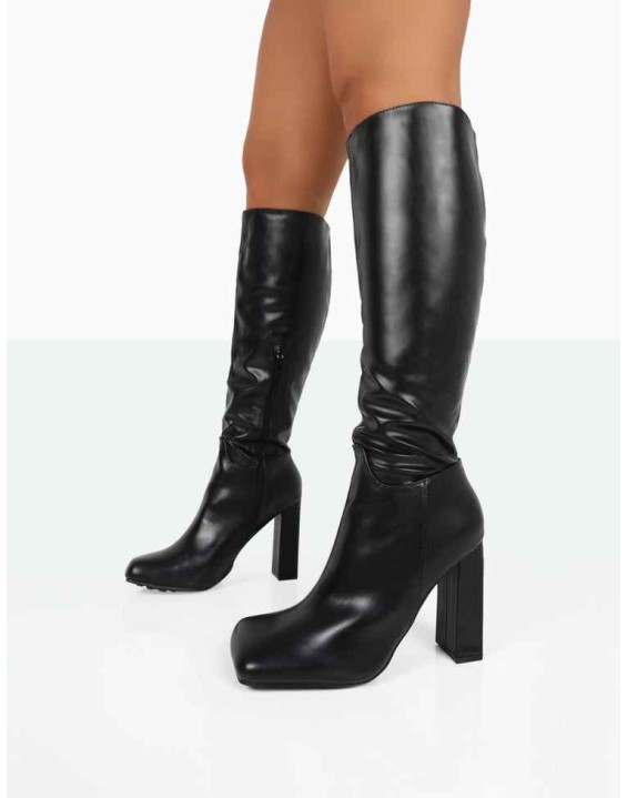 Gia Black Box PU Square Toe Block Heel Knee High Boots