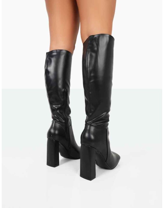 Gia Black Box PU Square Toe Block Heel Knee High Boots