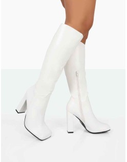 Gia Ecru Box PU Square Toe Block Heel Knee High Boots