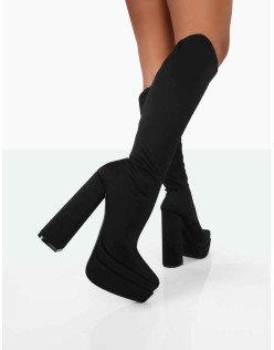 End Game Black Lycra Platform Pointed Toe Block Heel Knee High Boots