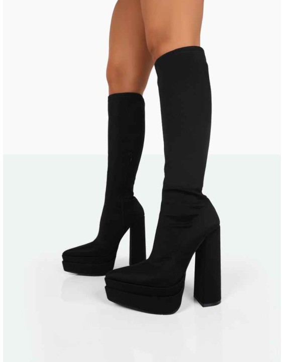 End Game Black Lycra Platform Pointed Toe Block Heel Knee High Boots