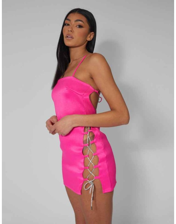 Diamante Rope Square Neck Mini Dress Pink
