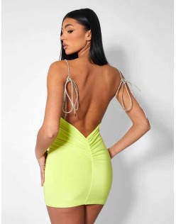Diamante Extreme Strap Slinky Mini Dress Lime