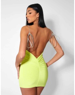 Diamante Extreme Strap Slinky Mini Dress Lime