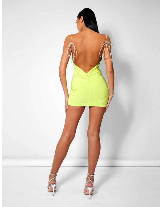 Diamante Extreme Strap Slinky Mini Dress Lime