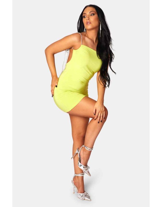Diamante Extreme Strap Slinky Mini Dress Lime