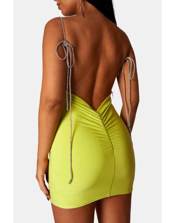 Diamante Extreme Strap Slinky Mini Dress Lime