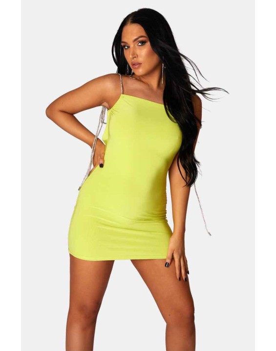 Diamante Extreme Strap Slinky Mini Dress Lime