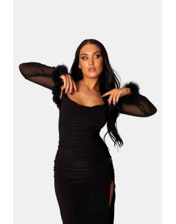 Feather Trim Mesh Shrug Black